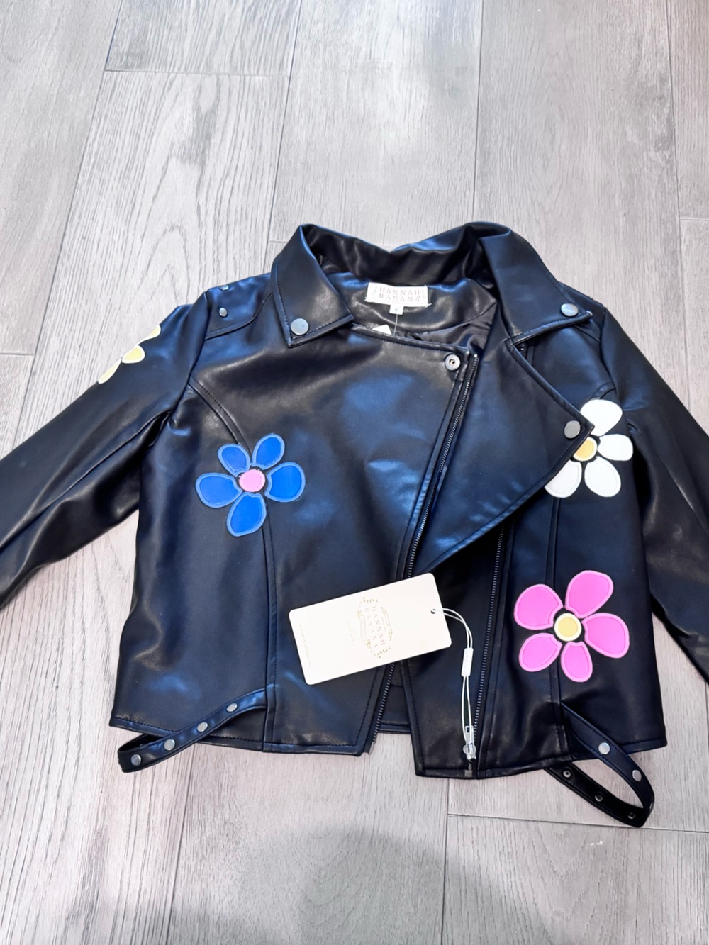 Black Faux Leather Floral Moto Jacket - Kids